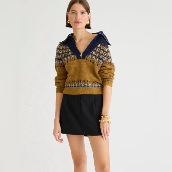 J. CREW Fair Isle Half Zip Alpaca Wool Blend Sweater Brushed Yarn Blue Large NEW - Picture 3 of 10